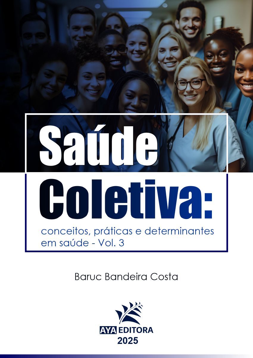Capa do livro Saúde Coletiva: Conceitos, Práticas e Determinantes em Saúde – Volume 3, explorando temas sobre políticas públicas, prevenção e fatores sociais que impactam a saúde.