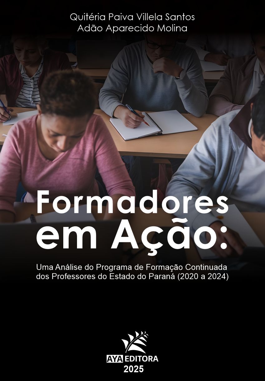 Capa do livro Formadores em Ação, com professores em sala de aula escrevendo em cadernos durante formação continuada no Paraná.
