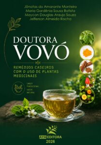 Capa do Livro Doutora Vovó: remédios caseiros com o uso de plantas medicinais, com xícara de chá, folhas, frutos e especiarias.