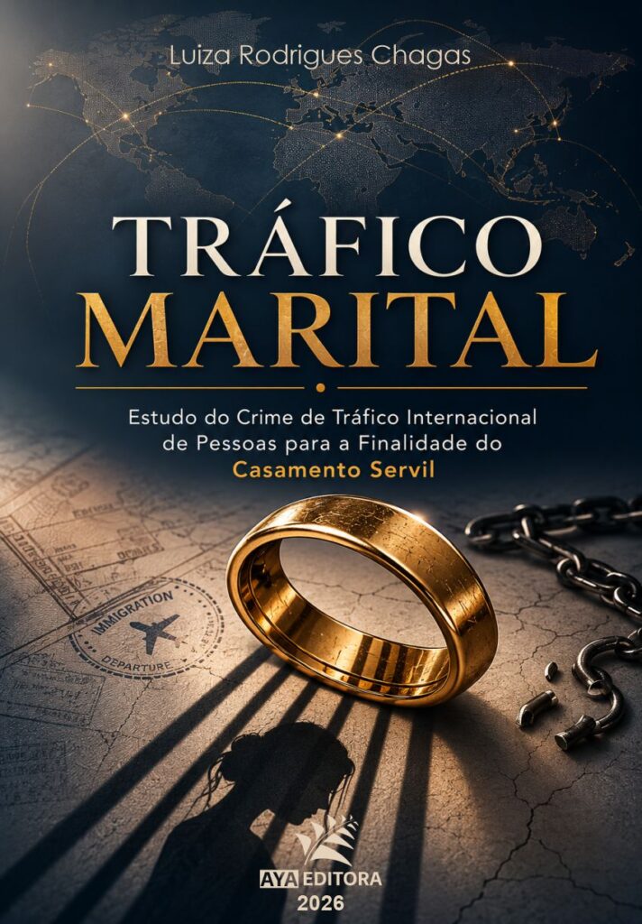 Capa do Livro Tráfico Marital, com aliança, correntes e mapa-múndi, sobre tráfico internacional de pessoas e casamento servil.