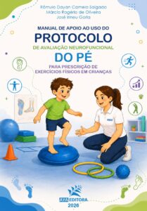 Capa do Livro Manual de Apoio ao Uso do Protocolo de Avaliação Neurofuncional do Pé para Prescrição de Exercícios Físicos em Crianças, com ilustração de avaliação motora infantil