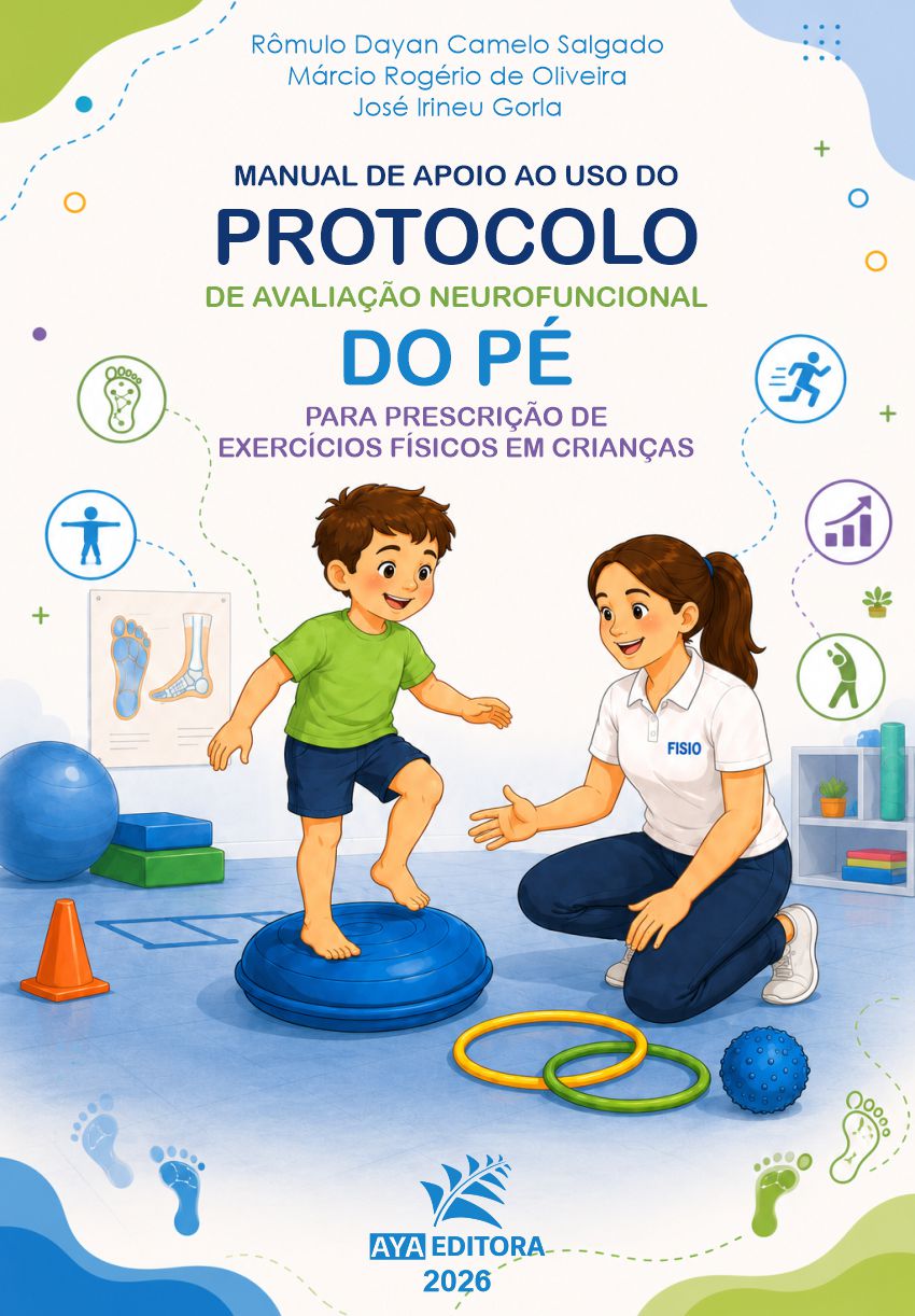 Capa do Livro Manual de Apoio ao Uso do Protocolo de Avaliação Neurofuncional do Pé para Prescrição de Exercícios Físicos em Crianças, com ilustração de avaliação motora infantil