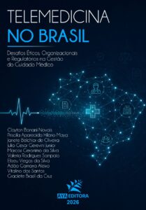 Capa do Livro Telemedicina no Brasil, em tons de azul, com rede digital em forma de cérebro e ícones de saúde conectados.