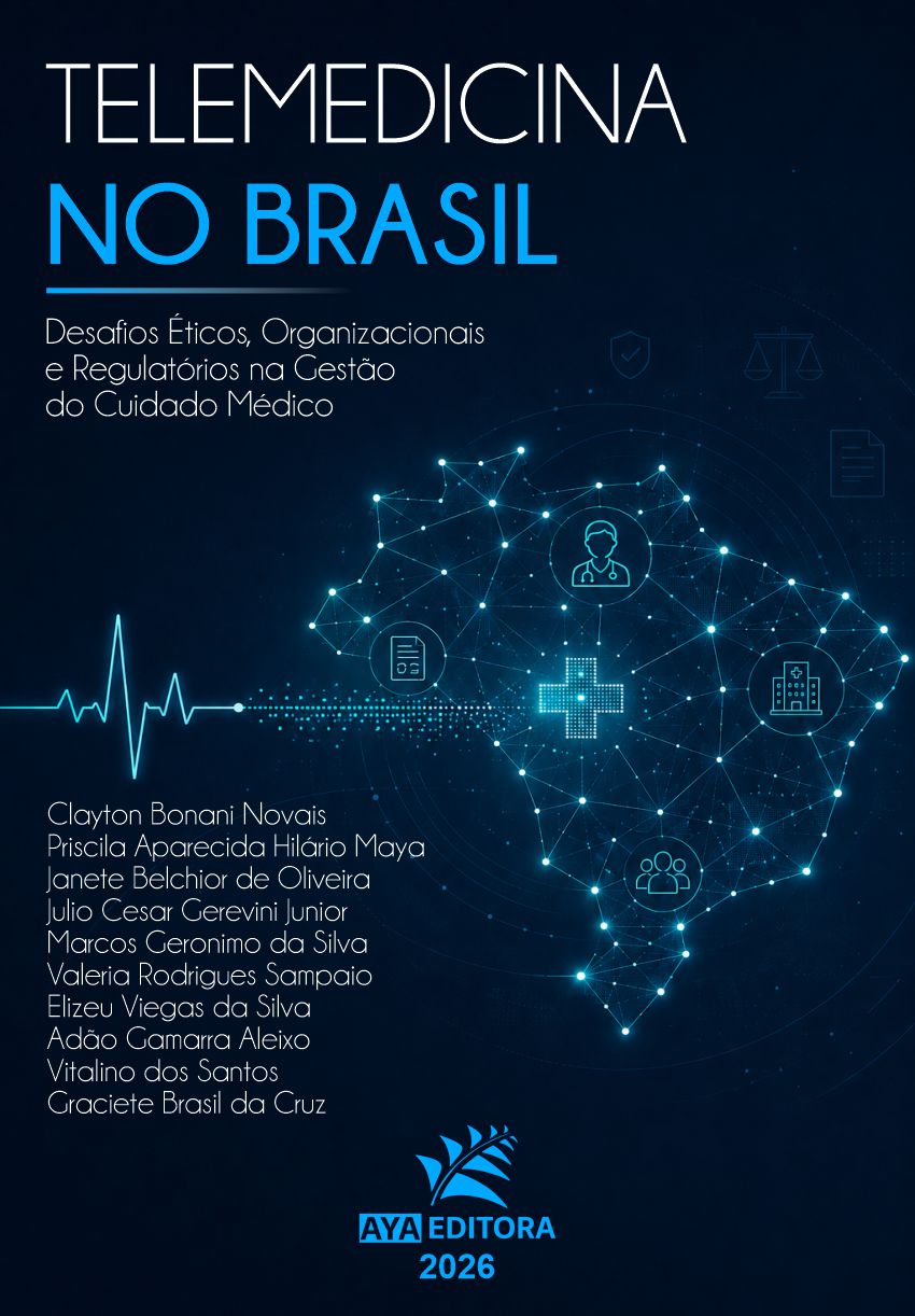Capa do Livro Telemedicina no Brasil, em tons de azul, com rede digital em forma de cérebro e ícones de saúde conectados.