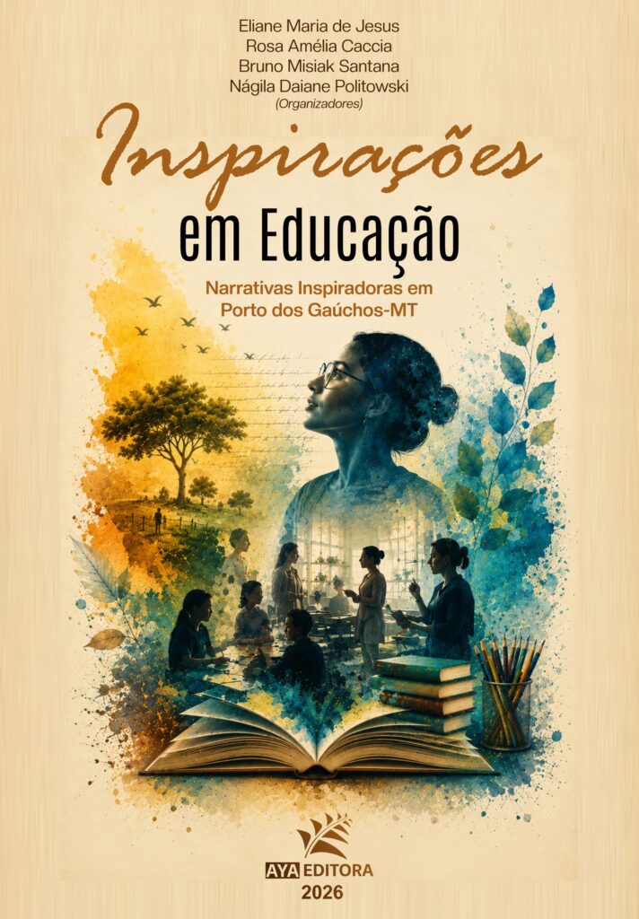 Capa do Livro Inspirações em Educação: Narrativas Inspiradoras em Porto dos Gaúchos-MT, com ilustração de educadora, livros e ambiente escolar