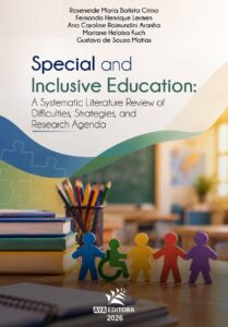 Capa do Livro Special and Inclusive Education, com figuras coloridas, símbolo de acessibilidade e materiais escolares ao fundo.