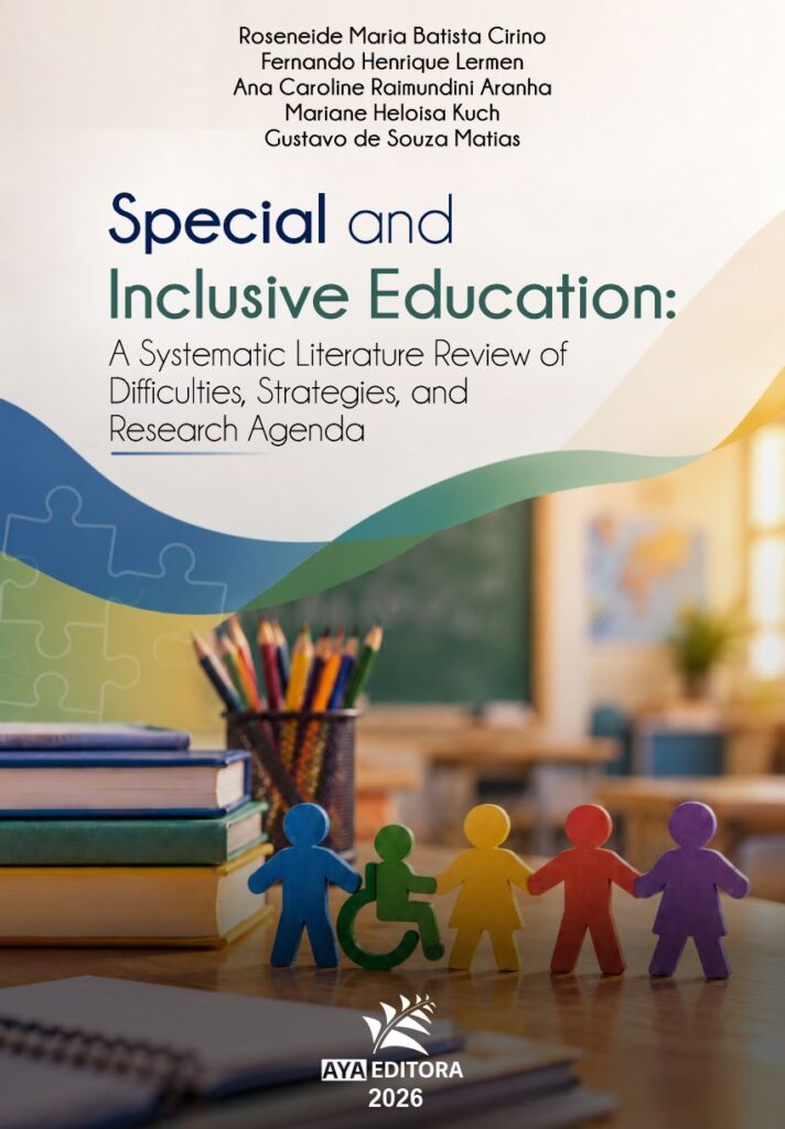 Capa do Livro Special and Inclusive Education, com figuras coloridas, símbolo de acessibilidade e materiais escolares ao fundo.