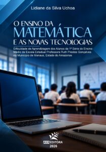 Capa do Livro O Ensino da Matemática e as Novas Tecnologias, com notebook em primeiro plano e estudantes em sala de aula.