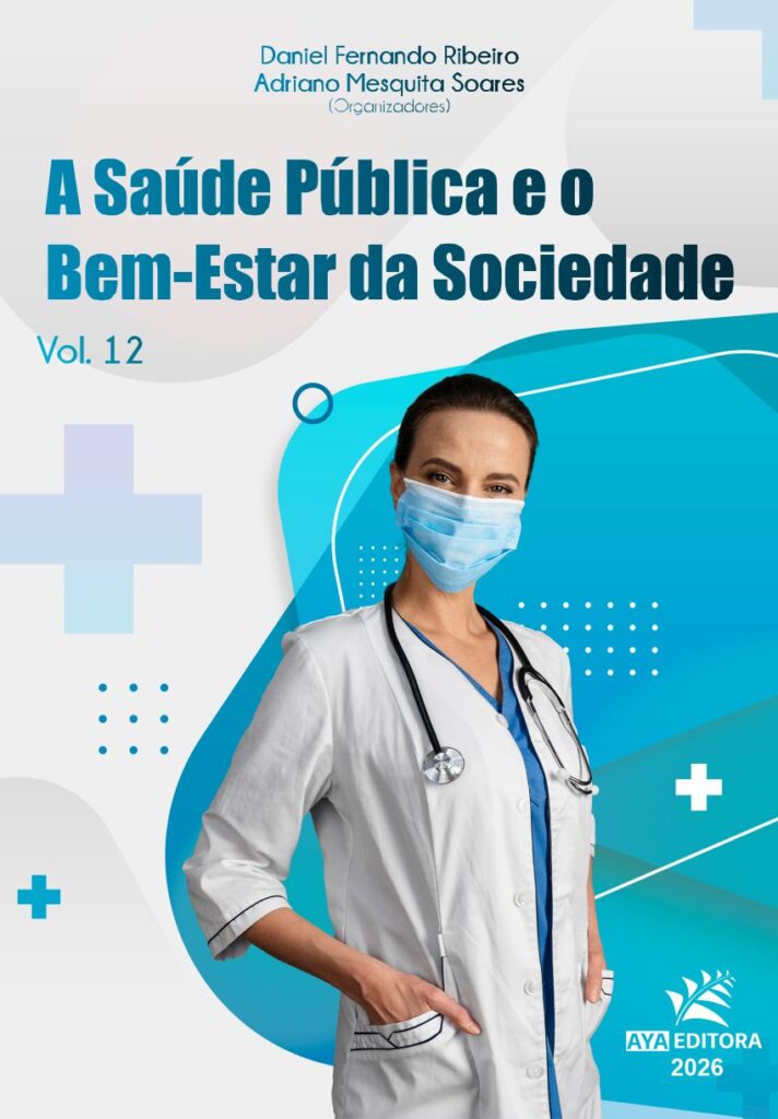 Capa do Livro A Saúde Pública e o Bem-Estar da Sociedade – Vol. 12, com profissional de saúde usando máscara, jaleco e estetoscópio.